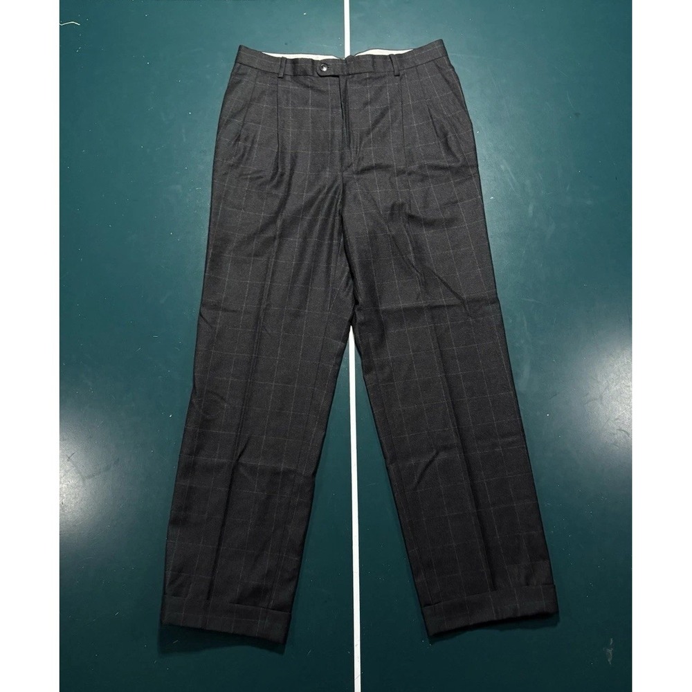 Zanella Wool Dress Pants Men's 34x30 Black Window Pane Pleated Cuffed Trousers